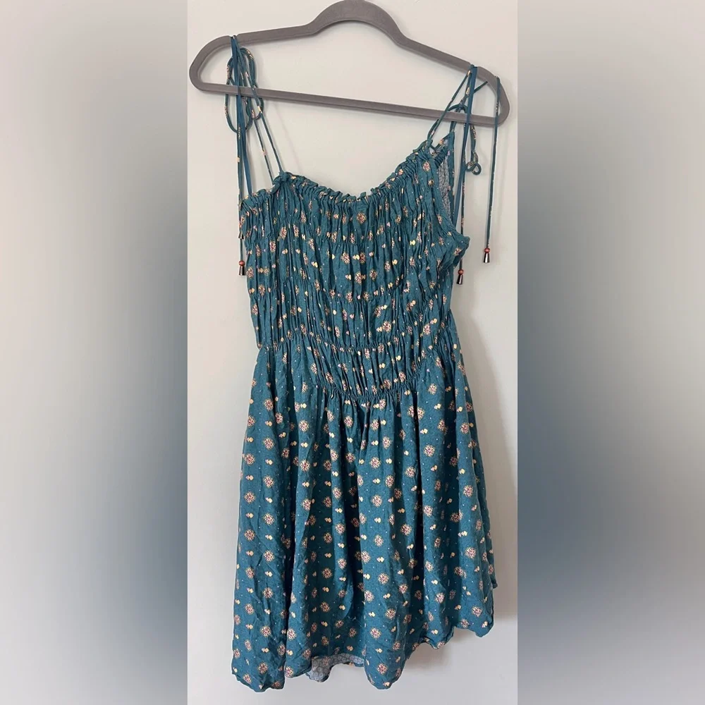 Free People Clementina Ruched Asymmetrical Floral Mini Dress Teal Size XS fits M - Picture 11 of 11